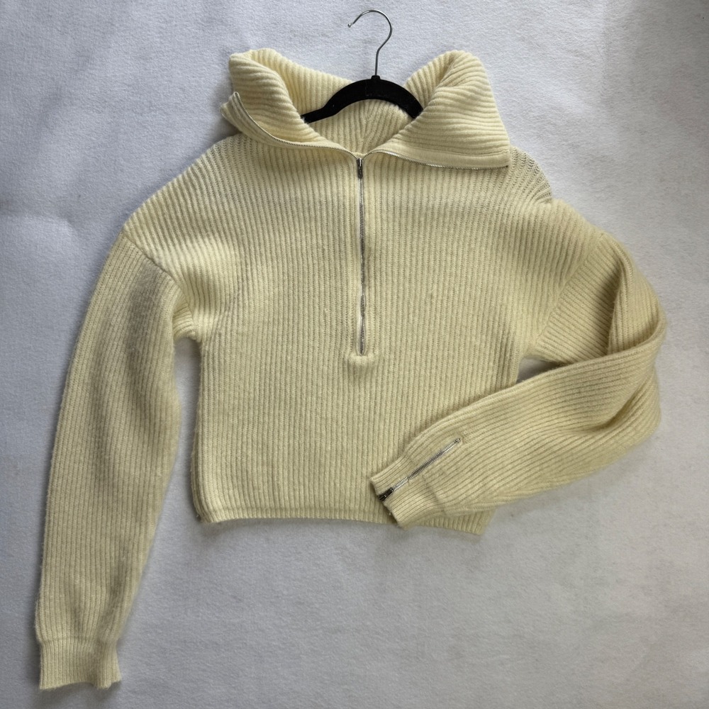 For Love & Lemons Cream Ribbed Knit‎ Half Zip Mock Neck Sweater Size S Cropped